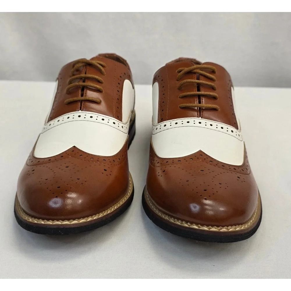 Metro Charm Mens Brown White Spectator Wingtip Oxford Shoes and Belt Set 9.5